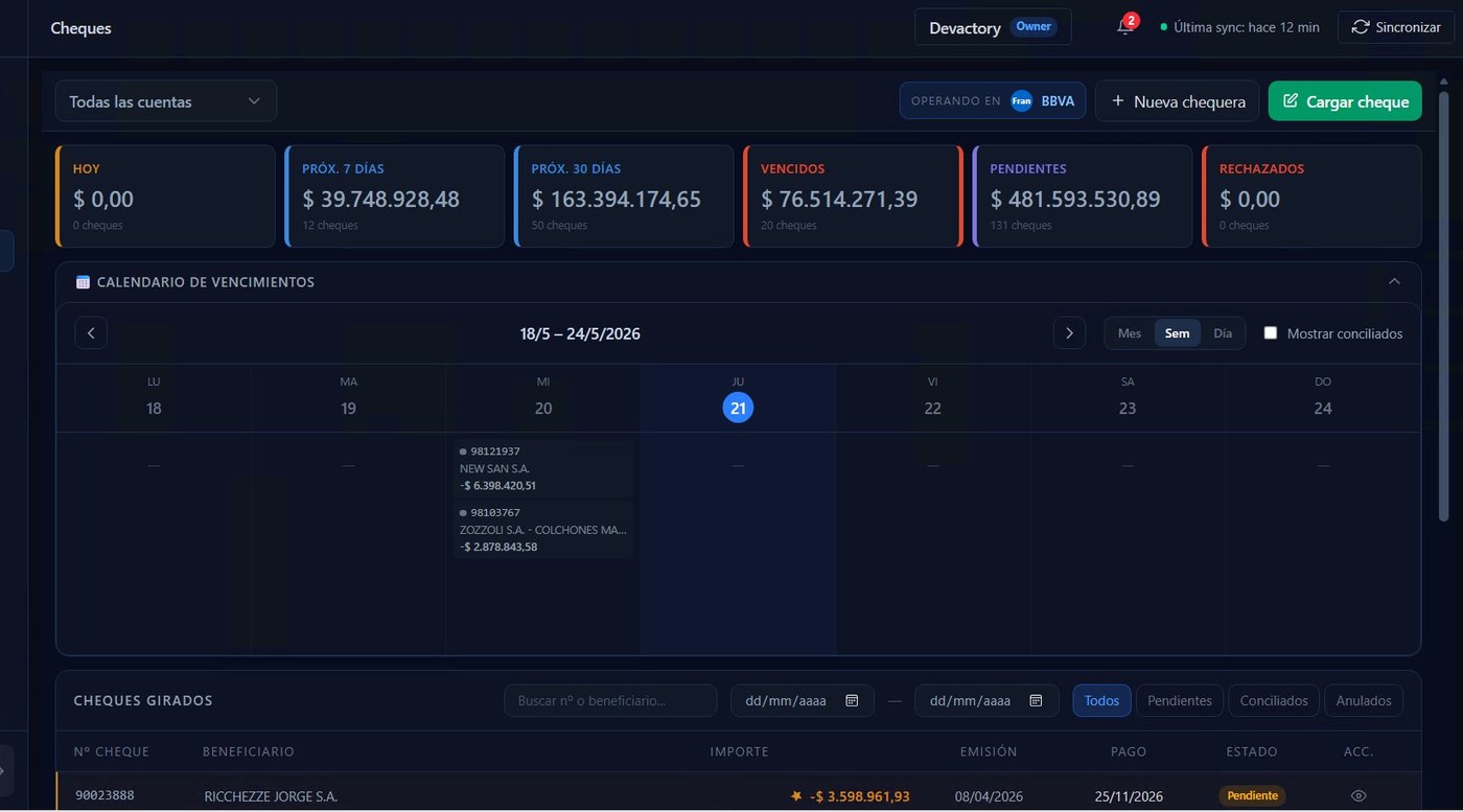 Pantalla de Cheques de Banqix con KPIs por vencimiento, calendario y listado de cheques girados